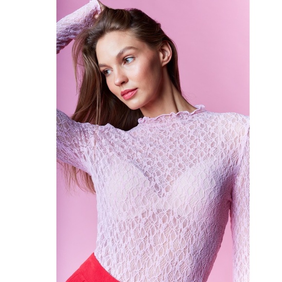 rareraw Tops - “The Laura" Pale Pink Elegant Sheer Lace Mock Neck Top